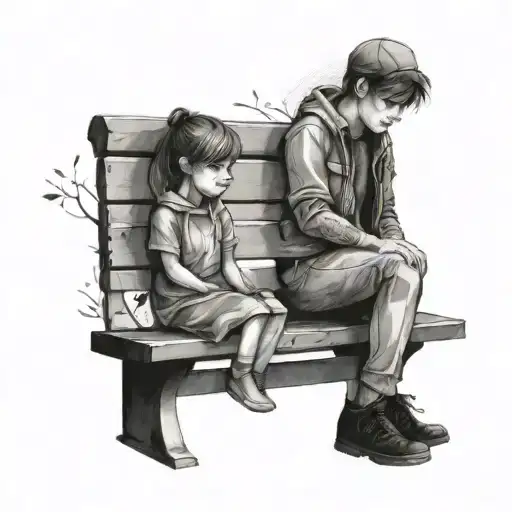 a girl and a boy on a bench in a park tattoo design idea