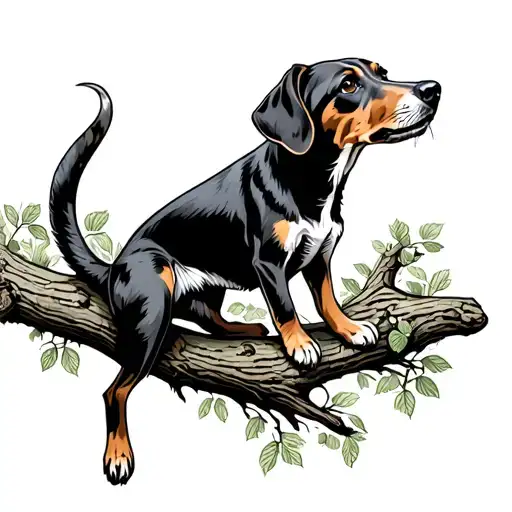 coonhound treeing a racoon tattoo design idea