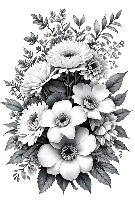 Bouquet with Chrysanthemum, Peony, aster, morning glory, Holly, Paperwhite Narcissus, larkspur, water lily, Rose, Honeys tattoo design idea