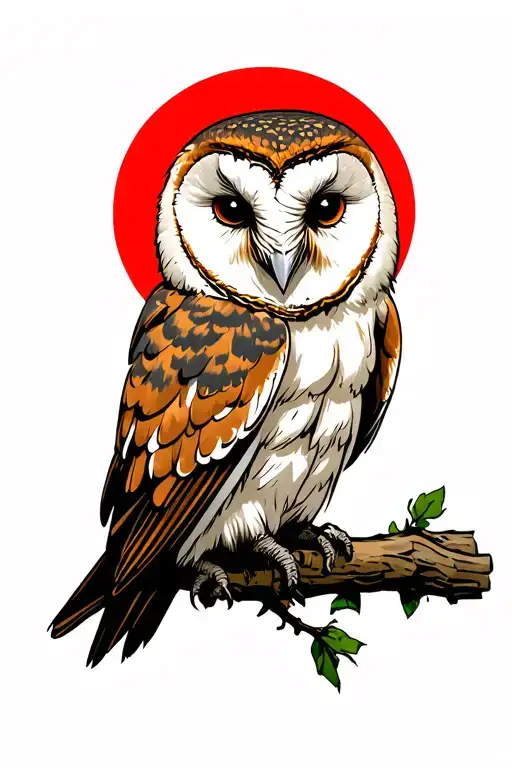 barn owl with red circle behind head tattoo design idea