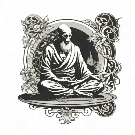 momento vivere and a monk meditating figure surrounded tattoo design idea