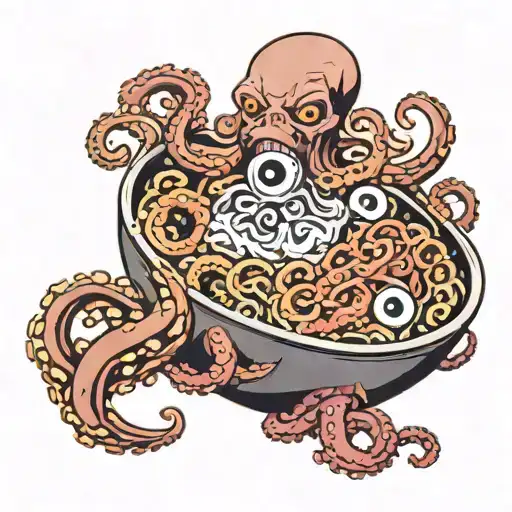 Ramon bowl filled with meat, eyeballs and octopus tentacles tattoo design idea