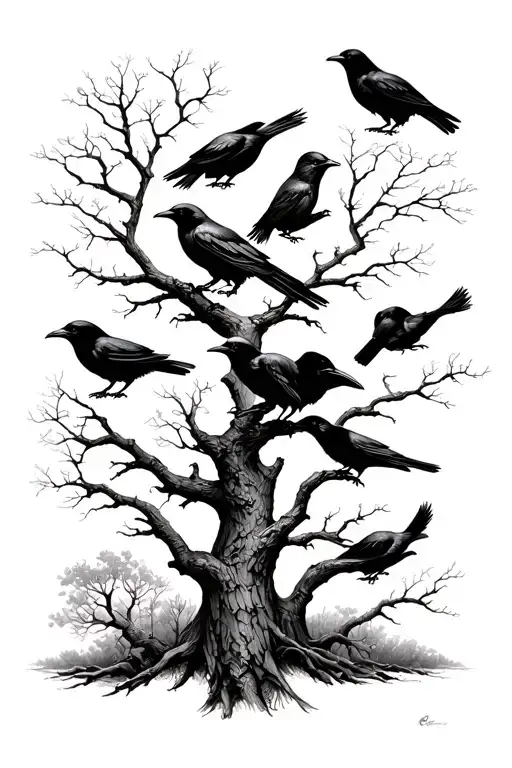 raven birds among the trees tattoo design idea