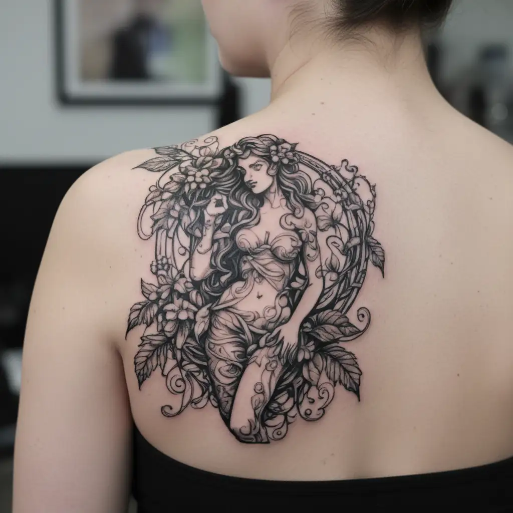 full body Aphrodite surrounded by vines  tattoo design idea