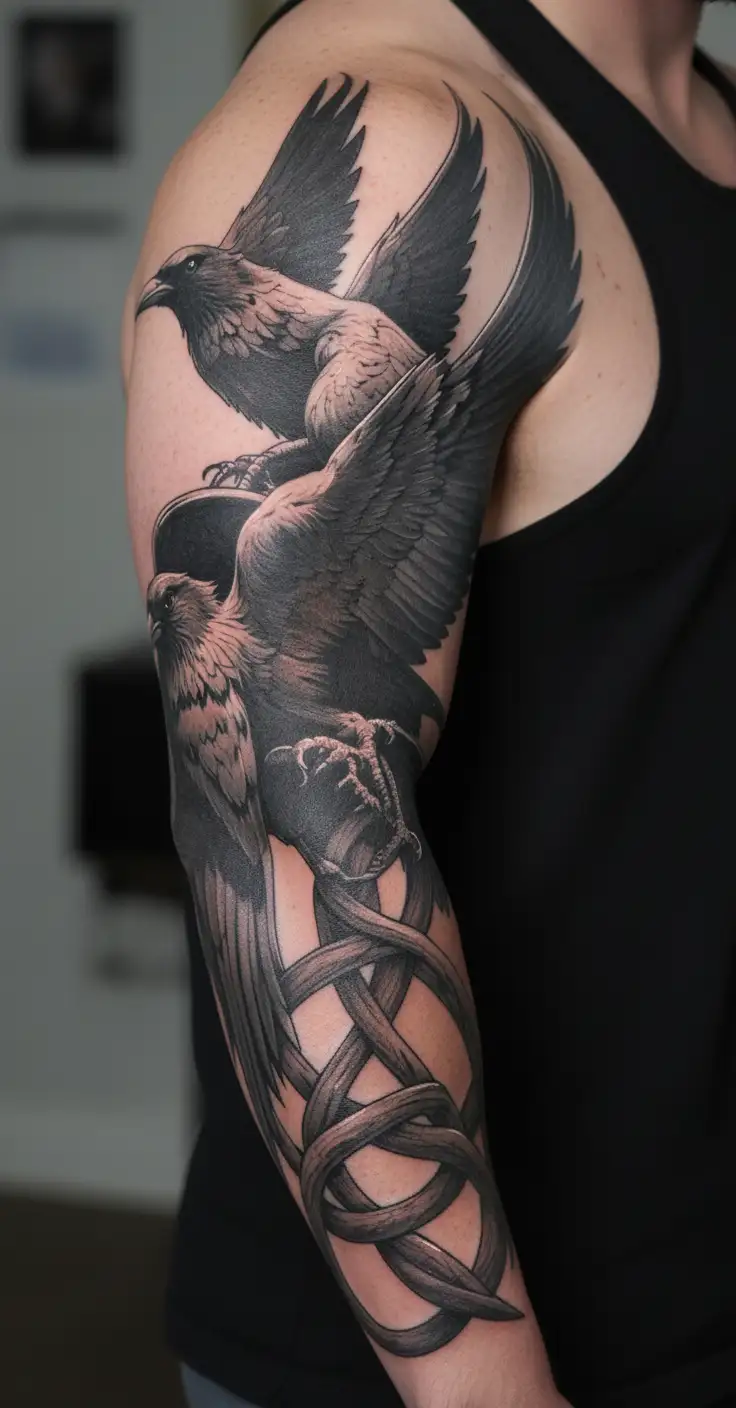 norse mythology knot intertwined odin ravens fenir tattoo design idea