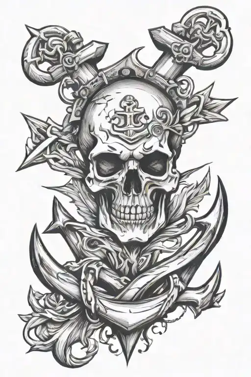 anchor with angry skull with fangs tattoo design idea