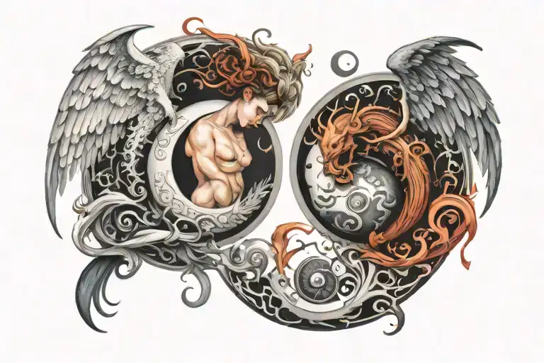 angel and demon in yin yang symbol tattoo design idea
