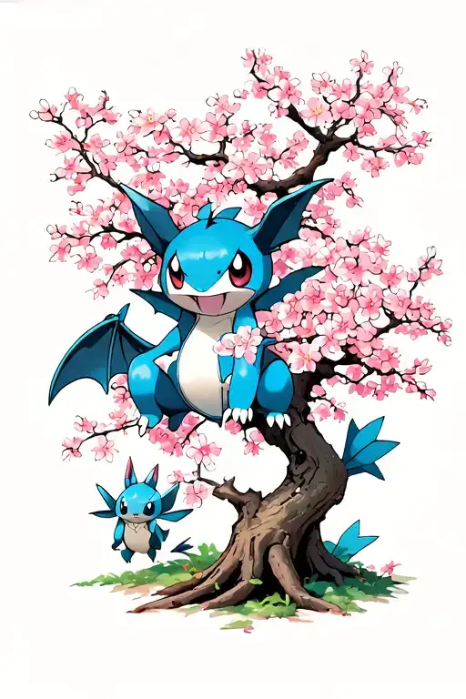 cherry blossom tree with pokemon Crobat, Steelix, Wartortle, mimikyu, Munchlax, Blaziken tattoo design idea