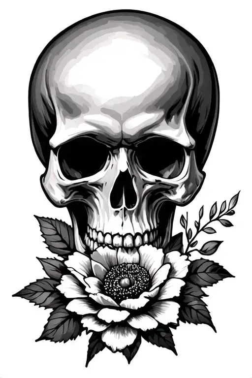 skull and flower around side of knee tattoo design idea