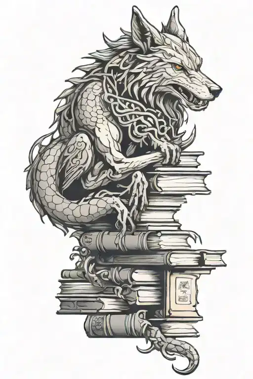 wolf, dragon, stack of books, tattoo design tattoo design idea