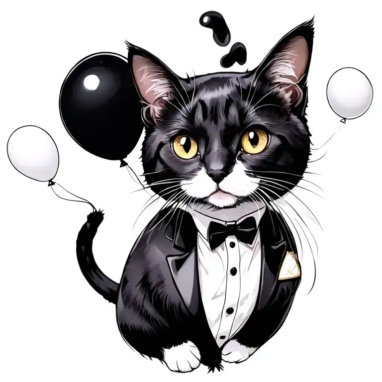 tuxedo cat floating with black balloons floating tattoo design idea