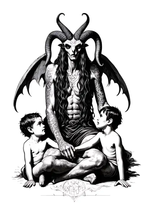 Baphomet sitting with two children looking up to him tattoo design idea