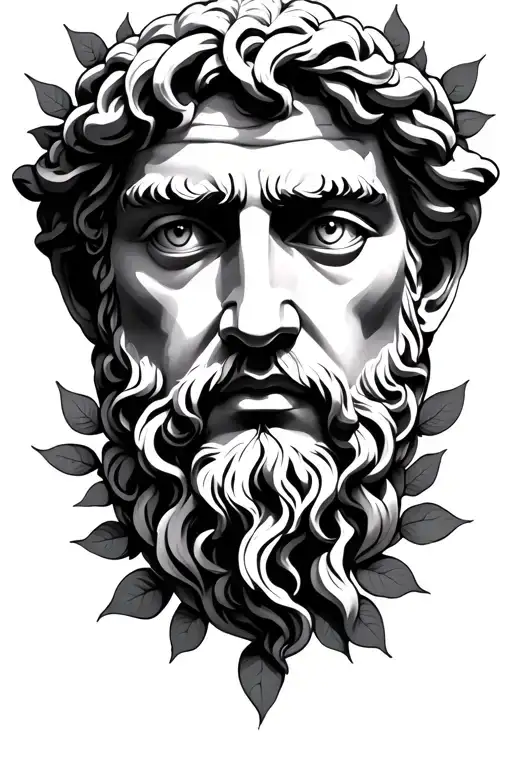 Full face of Ancient Greek God with old eyes around leaves tattoo design idea
