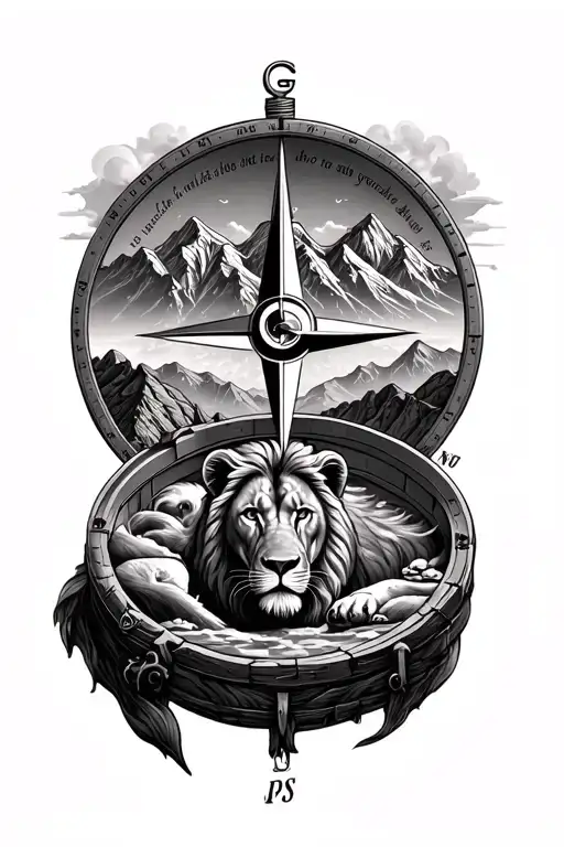 Compass in the mountains with a lion and a quote tattoo design idea
