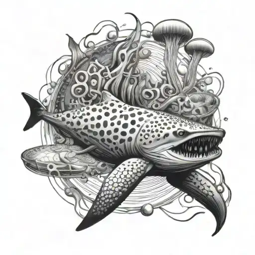 whale shark swimming through jellyfish tenticles tattoo design idea