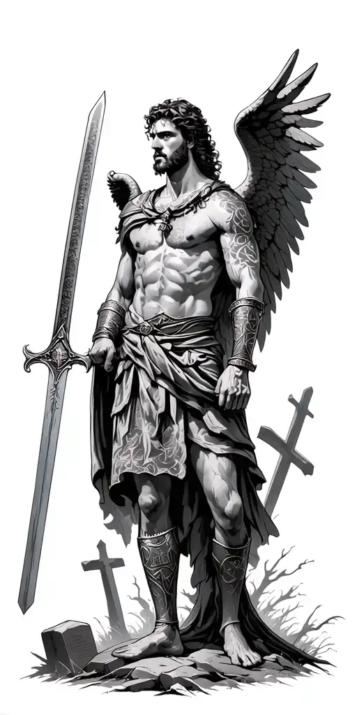 An roman angel warrior, wielding his sword in the woods surrounded by tombstones. Having an empty script on his legs  tattoo design idea