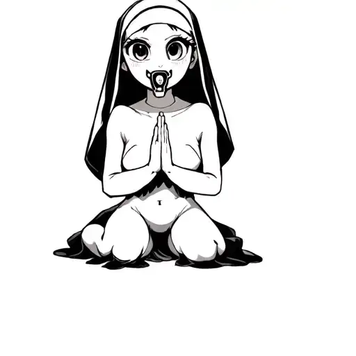 sexy nun with big eyes with bare breasts nipples sticking out with a gag in her mouth praying on her knees tattoo design idea
