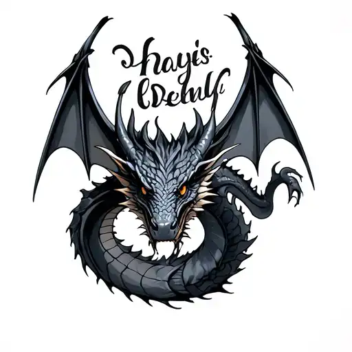 text written behind dragons tattoo design idea