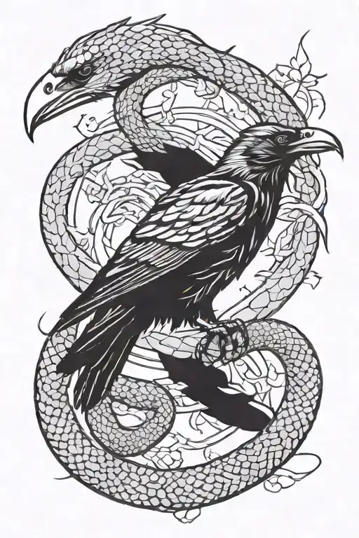A raven and snake intertwined in a fight, symbolizing the struggle between life and death tattoo design idea