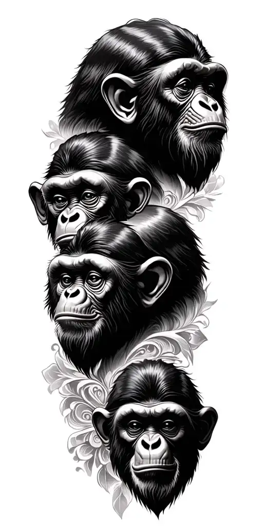 Three Wise Monkeys tattoo design in Chicano Black and Grey realism style, blended with dramatic Baroque background. Each tattoo design idea