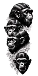 Three Wise Monkeys tattoo design in Chicano Black and Grey realism style, blended with dramatic Baroque background. Each tattoo design idea