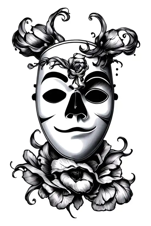white mask inside a open mask with comedy and tragedy  tattoo design idea