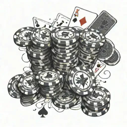 A detailed black and grey tattoo of a stack of poker chips with playing cards scattered around, symbolizing the thrill of gambling and hustling for money tattoo design idea