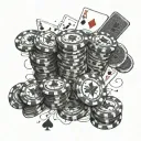 A detailed black and grey tattoo of a stack of poker chips with playing cards scattered around, symbolizing the thrill of gambling and hustling for money tattoo design idea