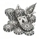 A detailed black and grey tattoo of a stack of poker chips with playing cards scattered around, symbolizing the thrill of gambling and hustling for money tattoo design idea
