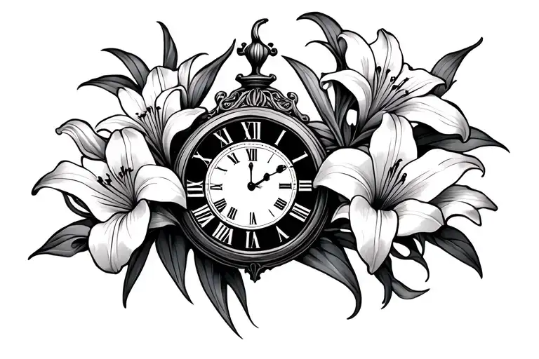 name with lilies and roman numeral clock tattoo design idea