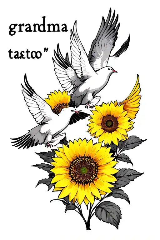 "Rip grandma " yellow sunflower doves flying tattoo design idea