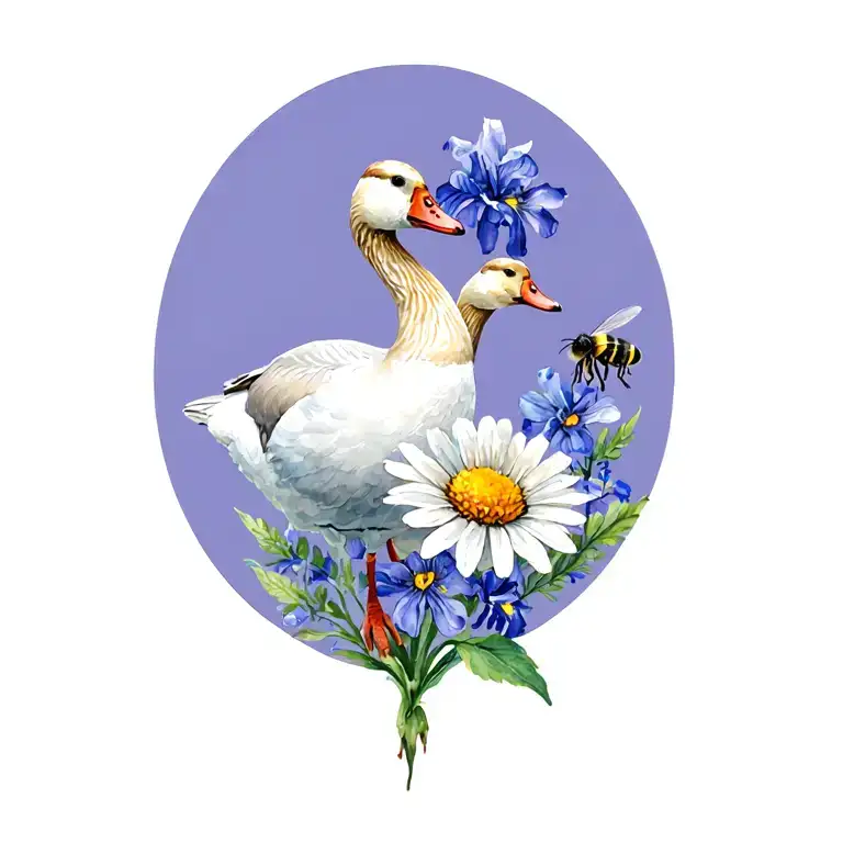Goose, flowers (iris, crysanthemum, Daisy and Astor) and small bee on one flower. tattoo design idea