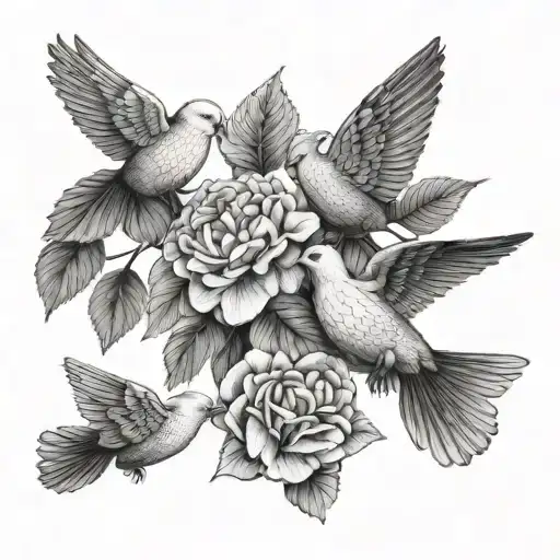a hydrangea flower with 2 turtle doves flying around, fine lines tattoo design idea