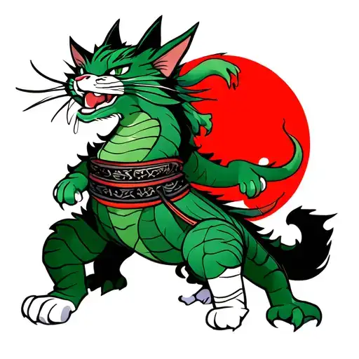 samurai cat, dragon, black sun, burning red maple tattoo design idea