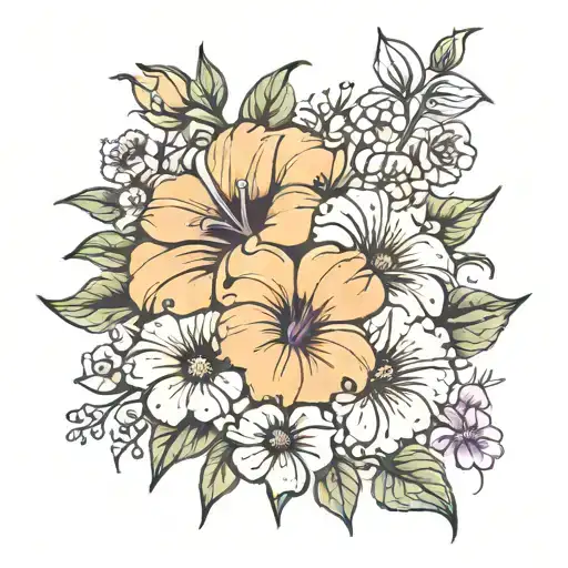 simple birth flower bouquet fine line with morning glorys, violets and roses  tattoo design idea