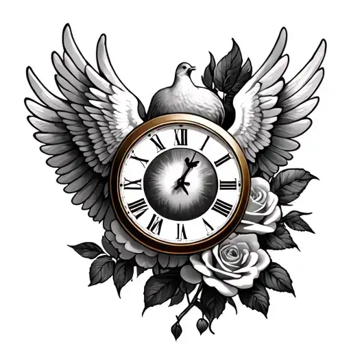 clock roses dove angle wings  tattoo design idea