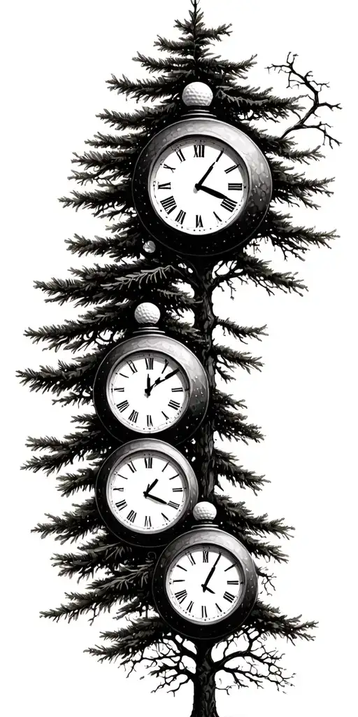 pine forest and golf and clock and father and mother and daughter and son and daughter tattoo design idea