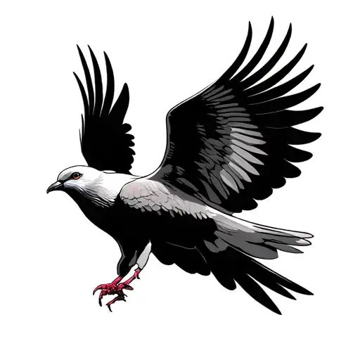 "A majestic dove in flight, wings fully spread, hovering protectively. Black and white linework, simple realistic shadin tattoo design idea