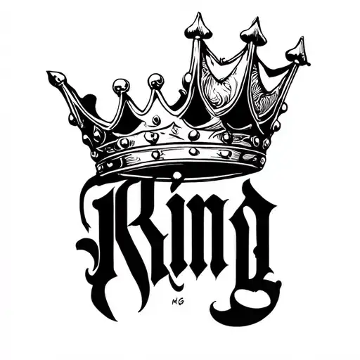 "King" A King's crown above the word "King" in traditional Old English style calligraphy. tattoo design idea