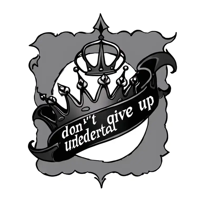 Design a black-grey tattoo of a crown with the words 'don't give up underneath, surrounded Crimson Moon and Mark of sacc tattoo design idea