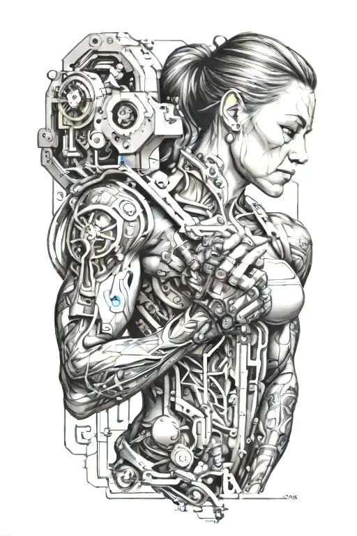 combine bodybuilding women flexing bicep with technology circuits tattoo design idea