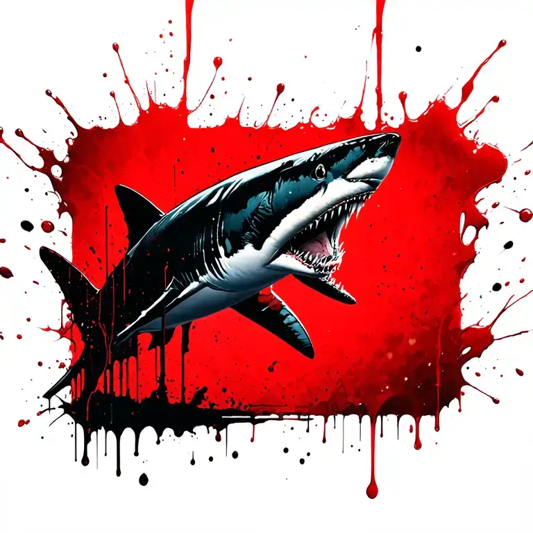 White shark and blood flowing, simple, bold lines tattoo design idea