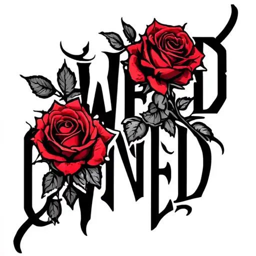 the word "OWNED" curved with a rose vine with thorns two roses red rest of tattoo in black tattoo design idea