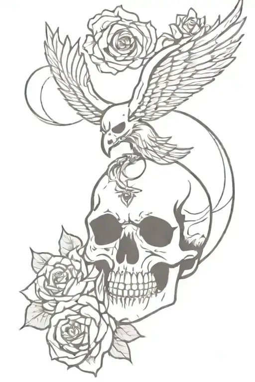 A skull and roses on a rising phoenix tattoo design idea