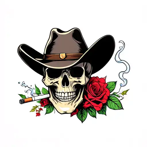 skull smoking cigarette cowboy hat tattoo design idea