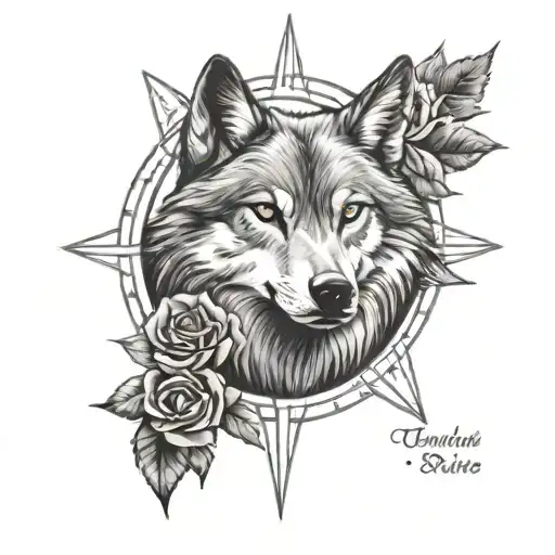 wolf with red roses meeting the compass tattoo design idea