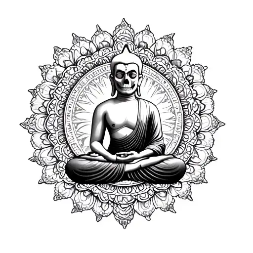skull tattoo mandala design in Center of mandla lord Buddha sitting in meditate position with 5 elements tattoo design idea
