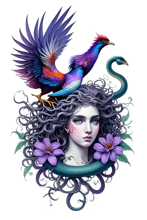 Medusa surrounded by purple flowers with a pheonix emerging from the snakes tattoo design idea