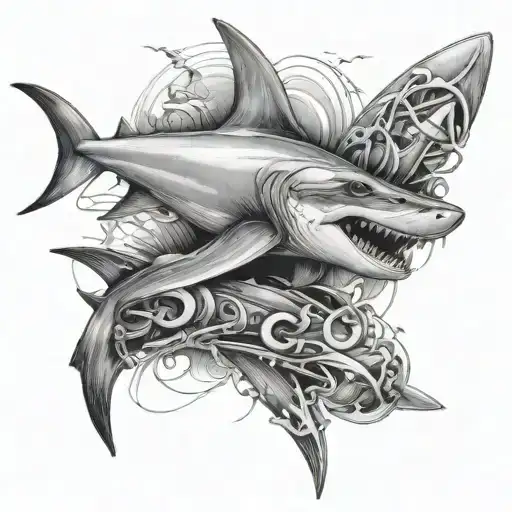 forearm, large hammerhead shark, broken surfboard,  tattoo design idea