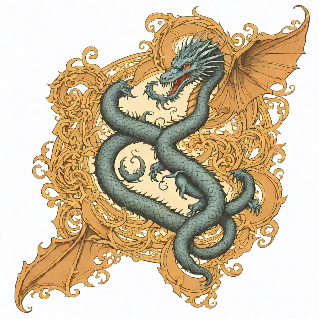 A delicate dragon tattoo on the forearm, showing a dragon coiled in a circular shape with intricate details on its scales and body. The design includes fine dotwork for a soft, ethereal effect, with small particles floating around the dragon. tattoo design idea